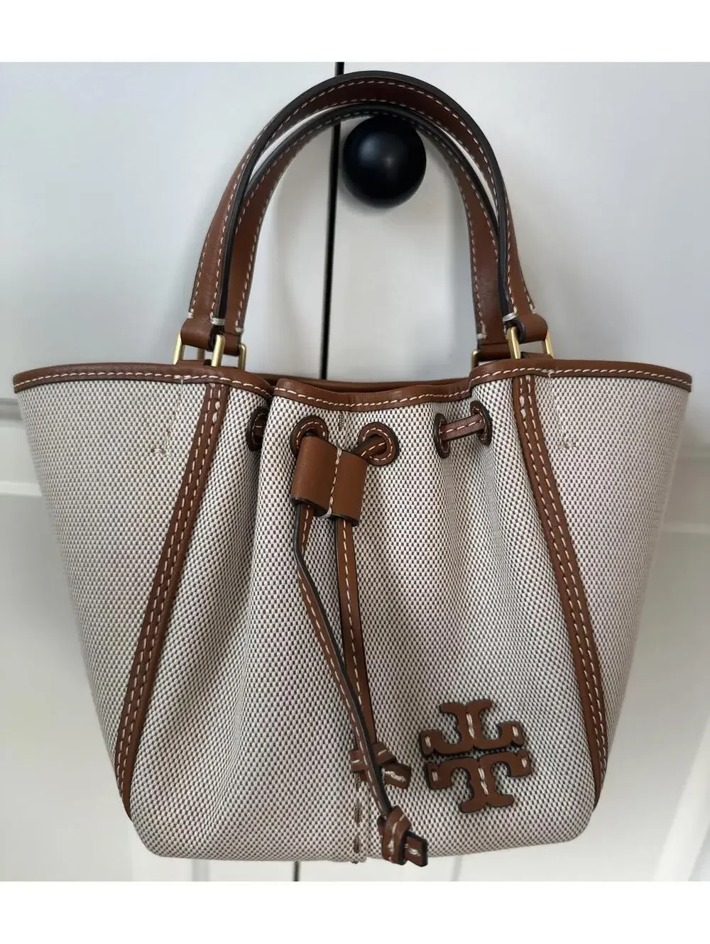 Tory Burch McGraw Mini Canvas Drawstring Satchel Crossbody Bag Natural Brown